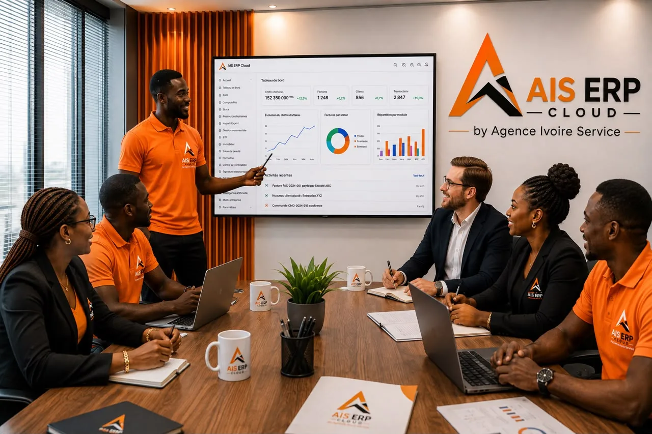Équipe Agence Ivoire Service en réunion autour du tableau de bord AIS ERP Cloud